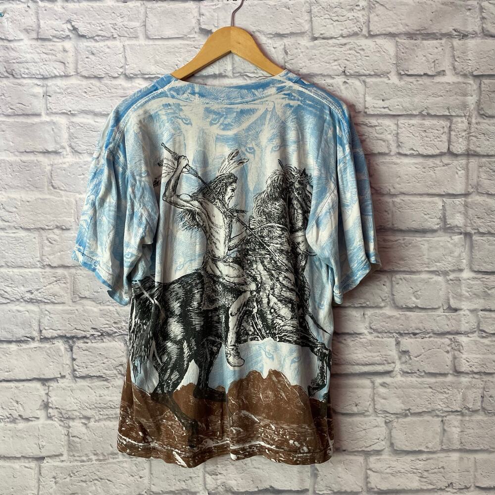 Vintage Native American Indian Horse Wolf All Over Print T-Shirt - Picture 2 of 5